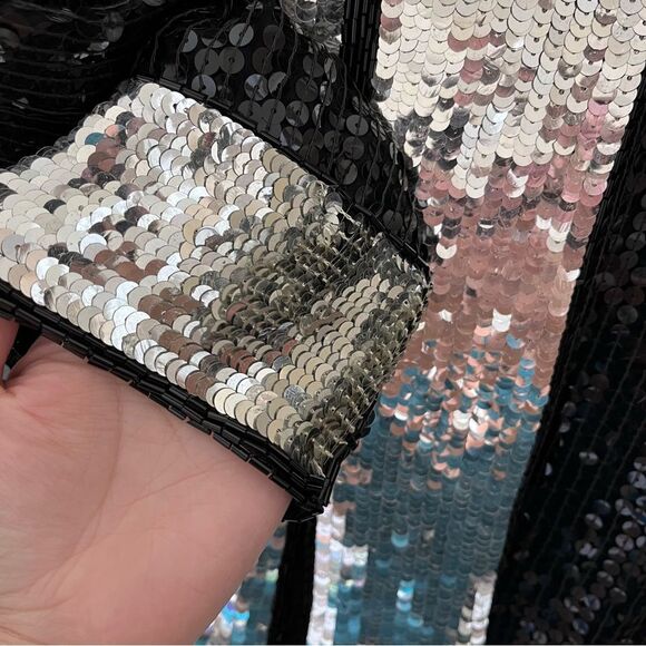 JLB Full Sequin Cardigan Silk Lined Black Silver Size Medium Evening vintage - Picture 3 of 5